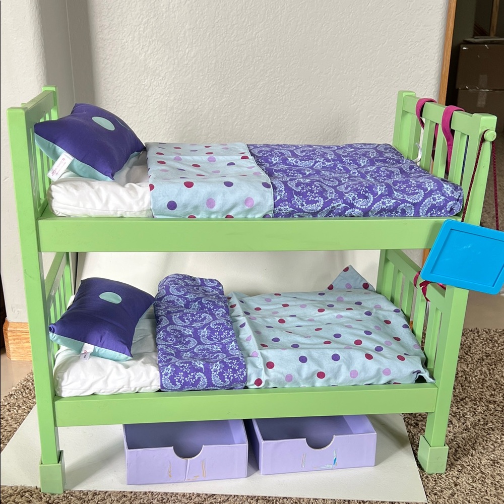 American Girl Green Bunk Bed with Purple Bedding